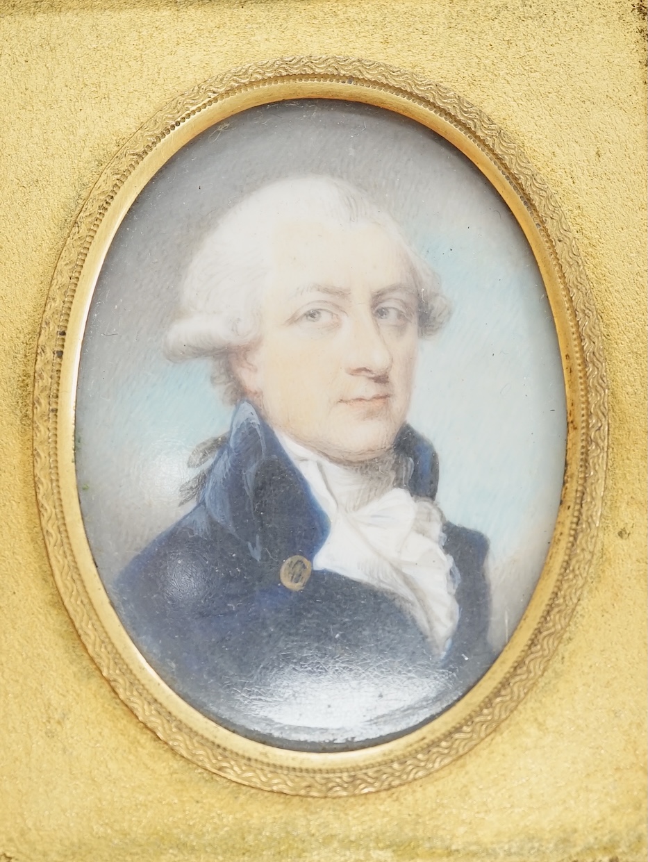 A George III portrait miniature on ivory of a gentleman wearing a frock coat, housed in an ebonised and gilt frame, 5.5 x 4cm. CITES Submission reference VF7NWZZA. Condition - fair to good.